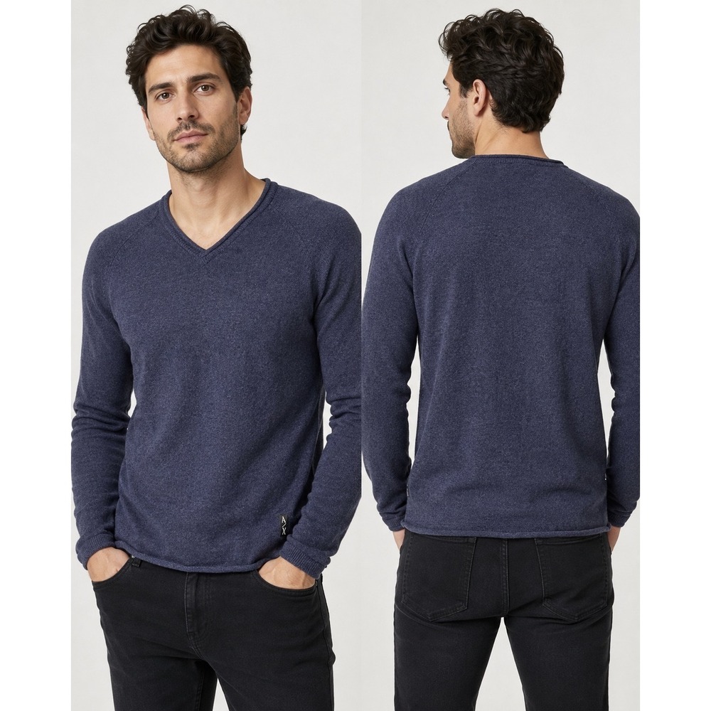 Armani Exchange AX Mens Heather Navy Blue V-Neck Raglan Long Sleeve Sweater